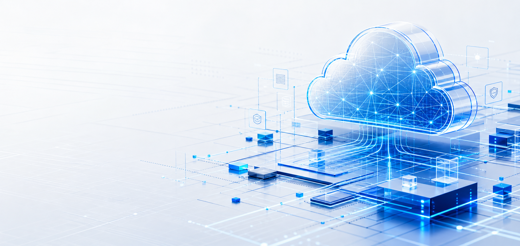 Abstract cloud architecture visualization with data paths and connected systems